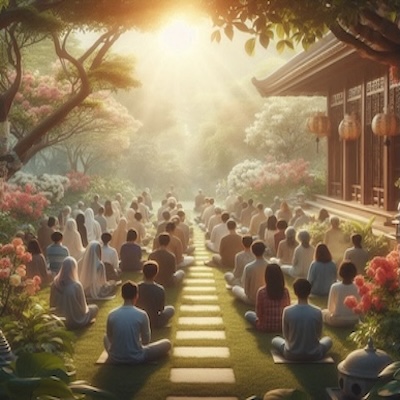 A picture of a congregation praying together as a group.