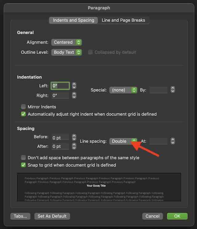 A screenshot showing where to set the line spacing to 'Double.'